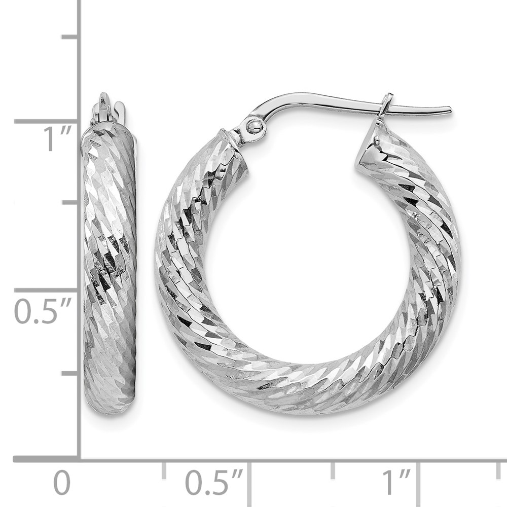 14k 4x15mm White Gold Diamond-cut Round Hoop Earrings (TF1333W)