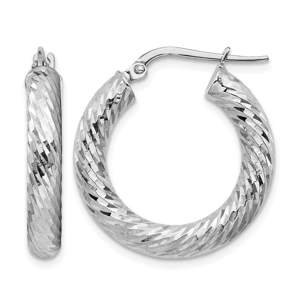 14k 4x15mm White Gold Diamond-cut Round Hoop Earrings (TF1333W)