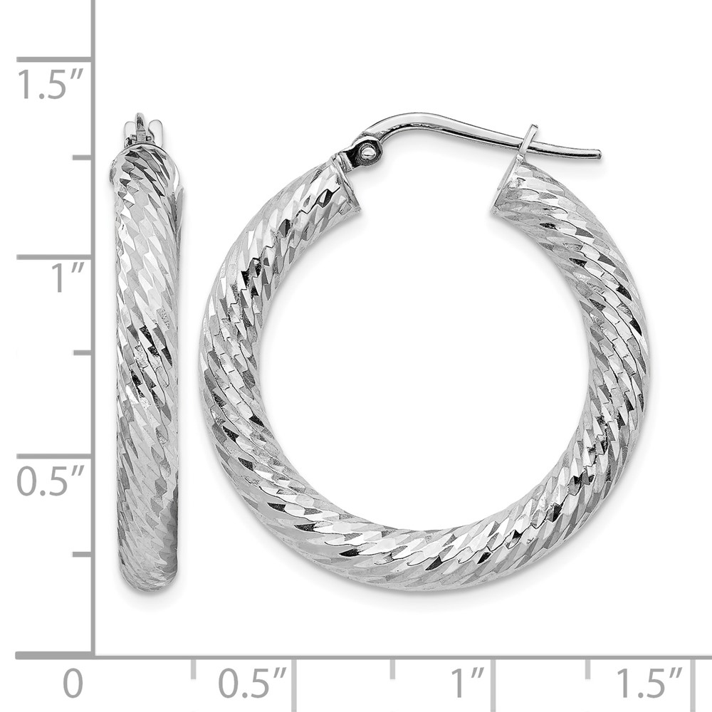 14k 4x20mm White Gold Diamond-cut Round Hoop Earrings (TF1334W)