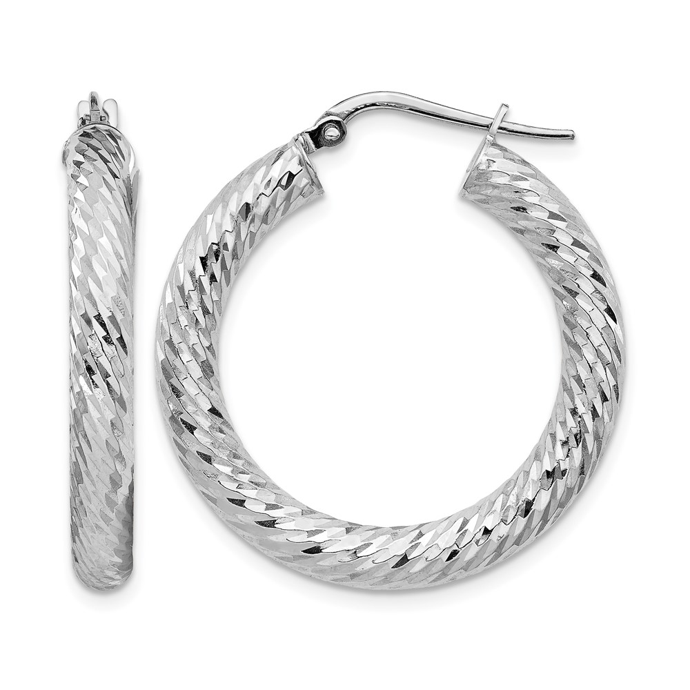 14k 4x20mm White Gold Diamond-cut Round Hoop Earrings (TF1334W)