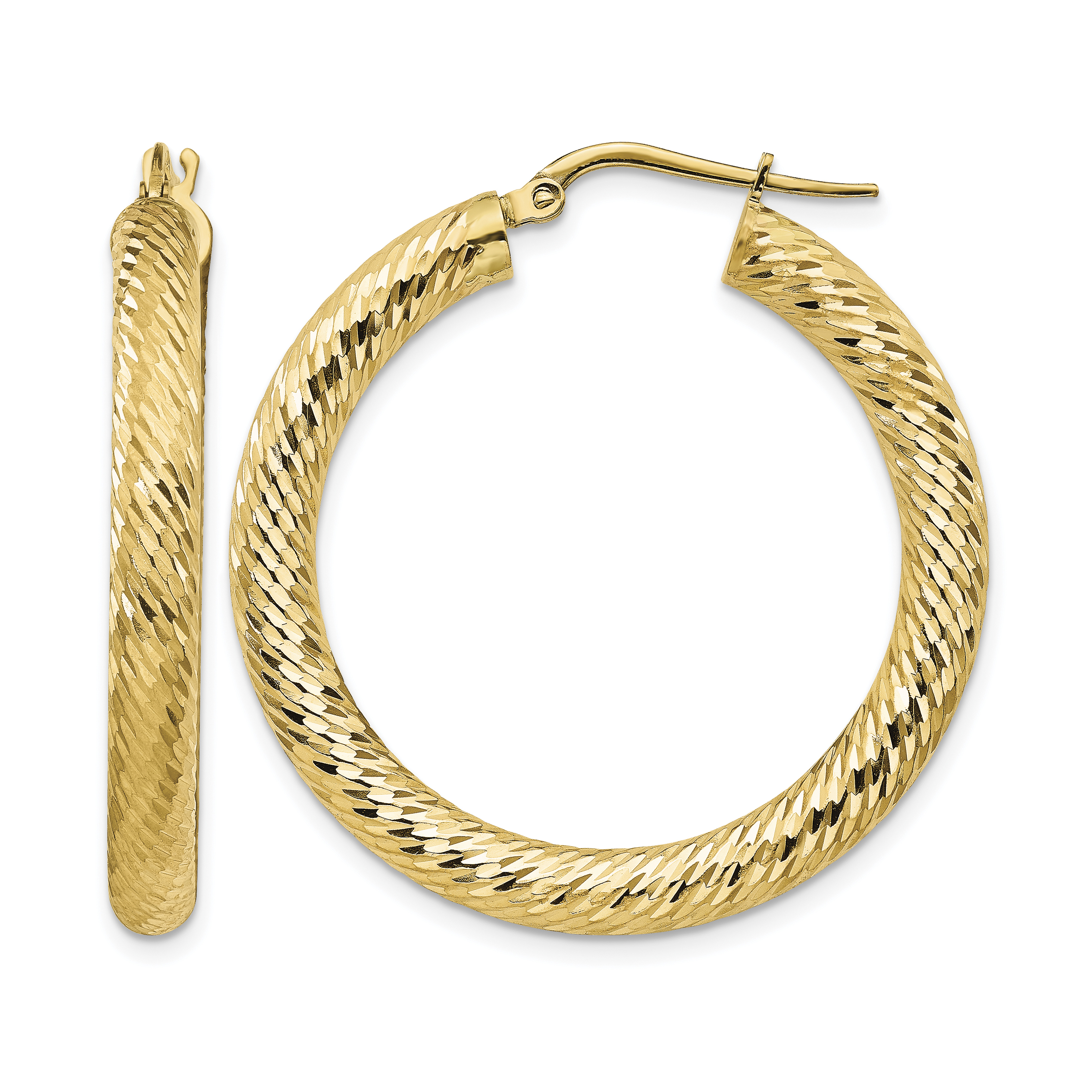 14k 4x25mm Diamond-cut Round Hoop Earrings (TF1335)