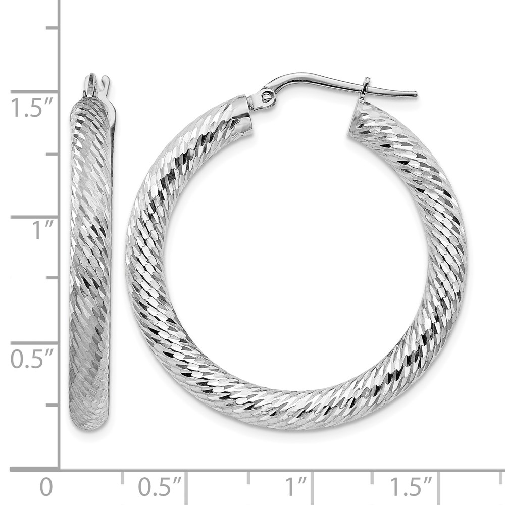 14k 4x25mm White Gold Diamond-cut Round Hoop Earrings (TF1335W)