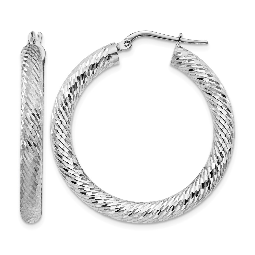 14k 4x25mm White Gold Diamond-cut Round Hoop Earrings (TF1335W)