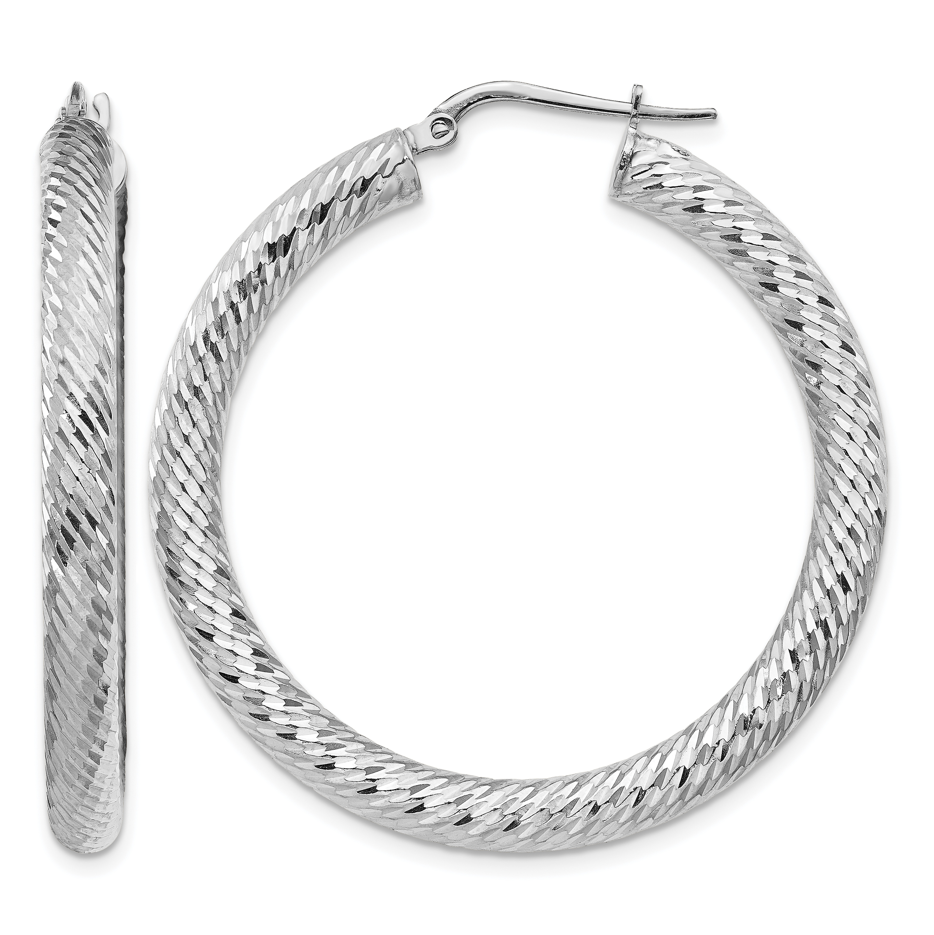 14k 4x30mm White Gold Diamond-cut Round Hoop Earrings (TF1336W)