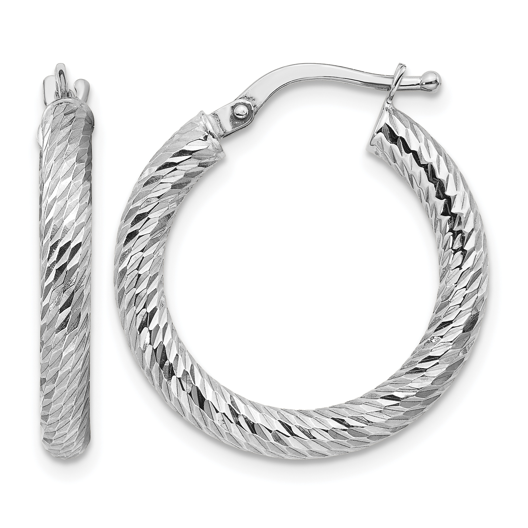 14k Polished 3mm White Gold Diamond-cut Round Hoop Earrings (TF1340W)
