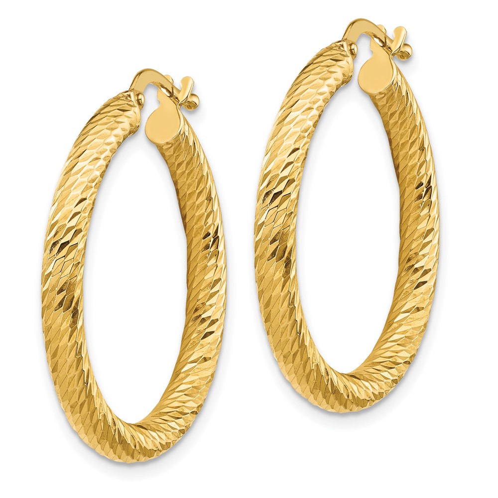 14k 3x20mm Diamond-cut Round Hoop Earrings (TF1341)