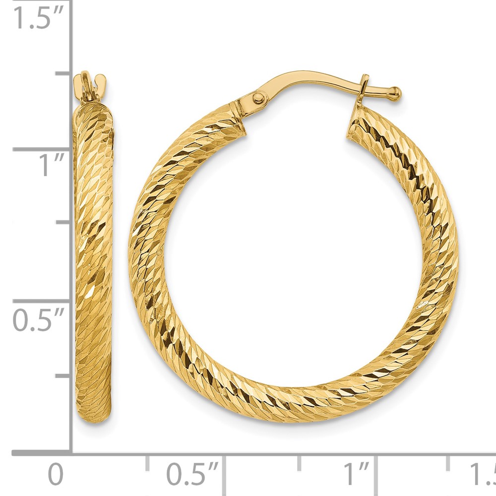 14k 3x20mm Diamond-cut Round Hoop Earrings (TF1341)