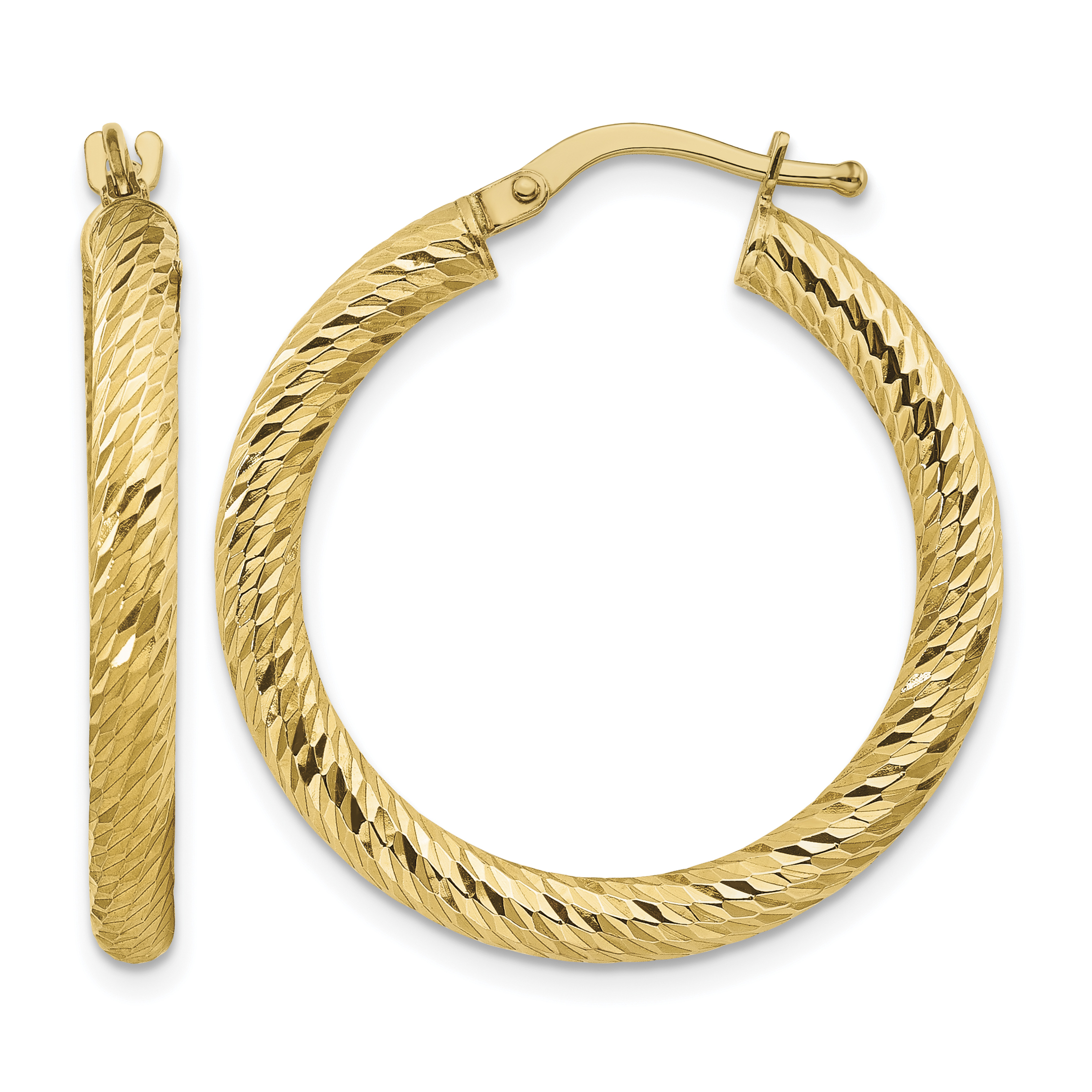 14k 3x20mm Diamond-cut Round Hoop Earrings (TF1341)