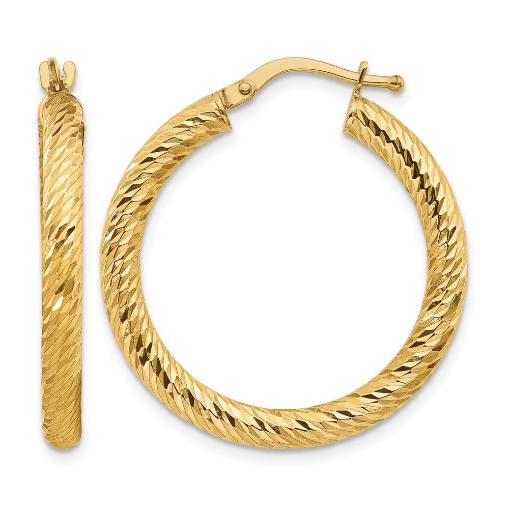 14k 3x20mm Diamond-cut Round Hoop Earrings (TF1341)