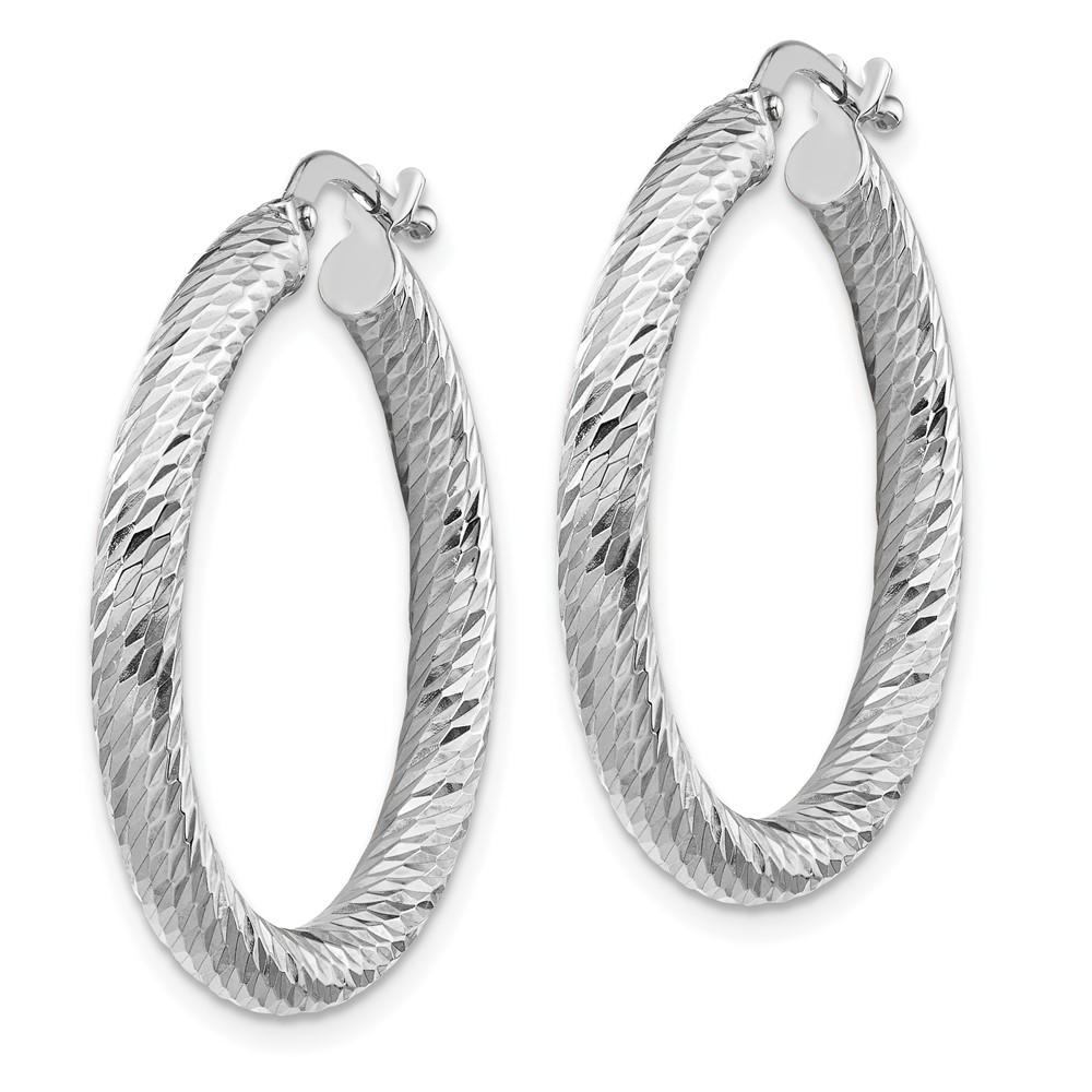 14k 3x20mm White Gold Diamond-cut Round Hoop Earrings (TF1341W)