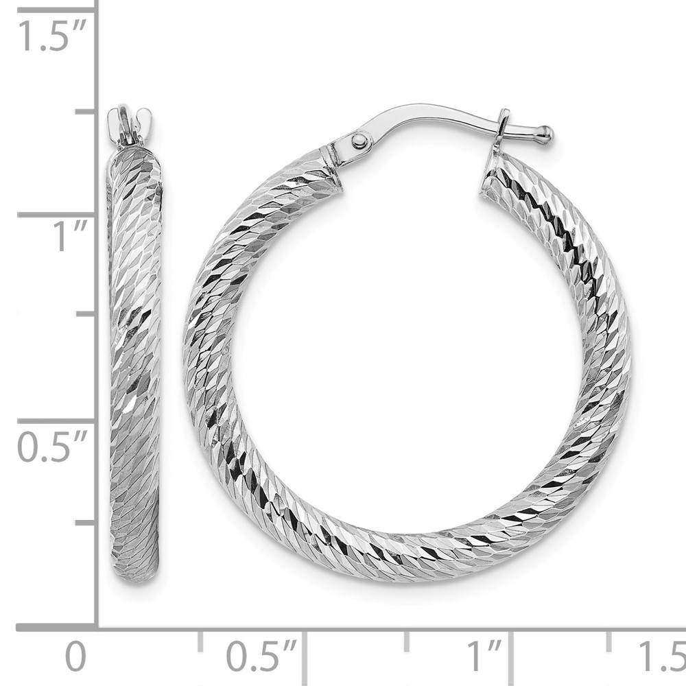 14k 3x20mm White Gold Diamond-cut Round Hoop Earrings (TF1341W)