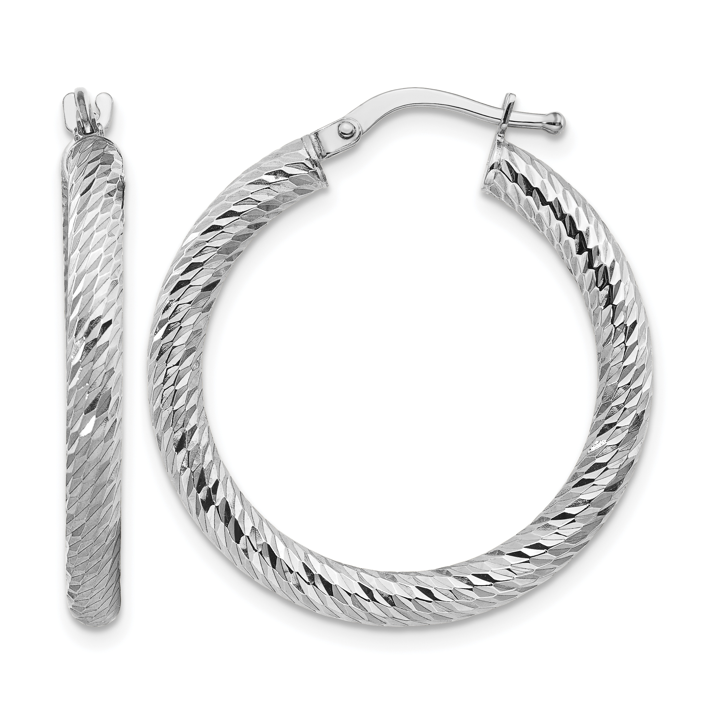 14k 3x20mm White Gold Diamond-cut Round Hoop Earrings (TF1341W)