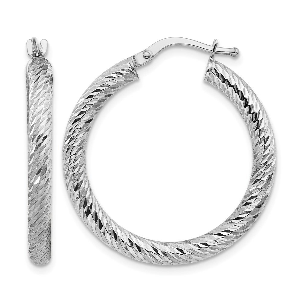 14k 3x20mm White Gold Diamond-cut Round Hoop Earrings (TF1341W)