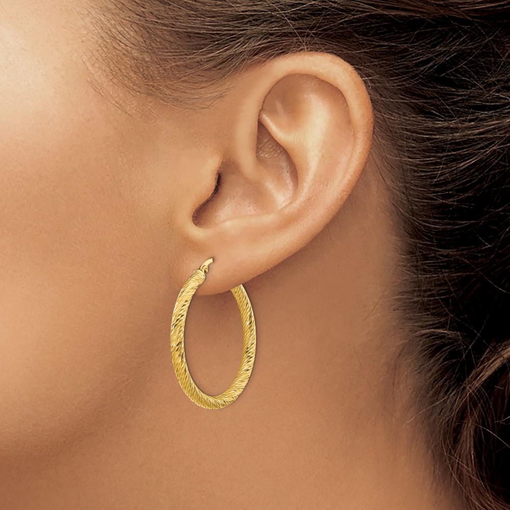 14k 3x25mm Diamond-cut Round Hoop Earrings (TF1342)