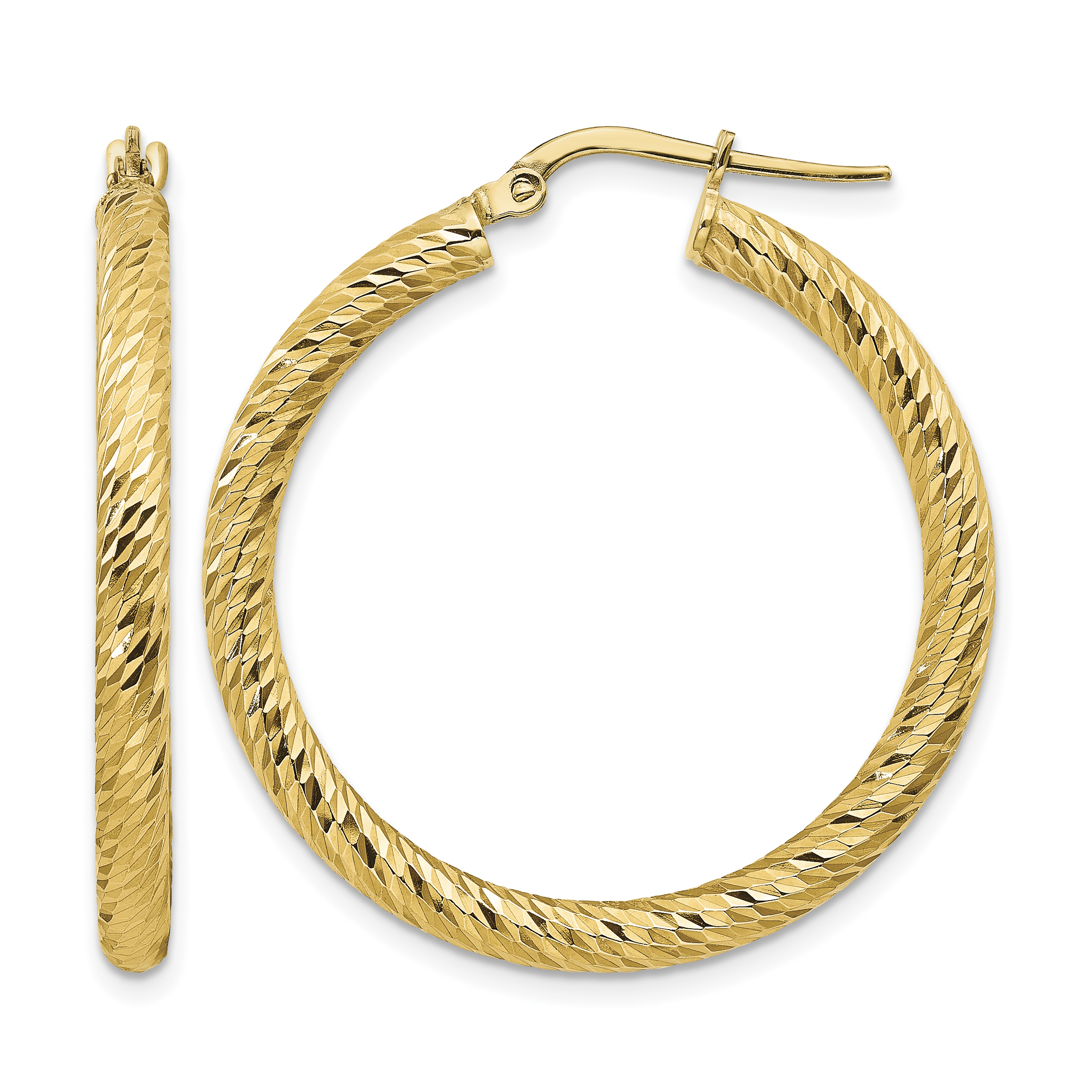 14k 3x25mm Diamond-cut Round Hoop Earrings (TF1342)