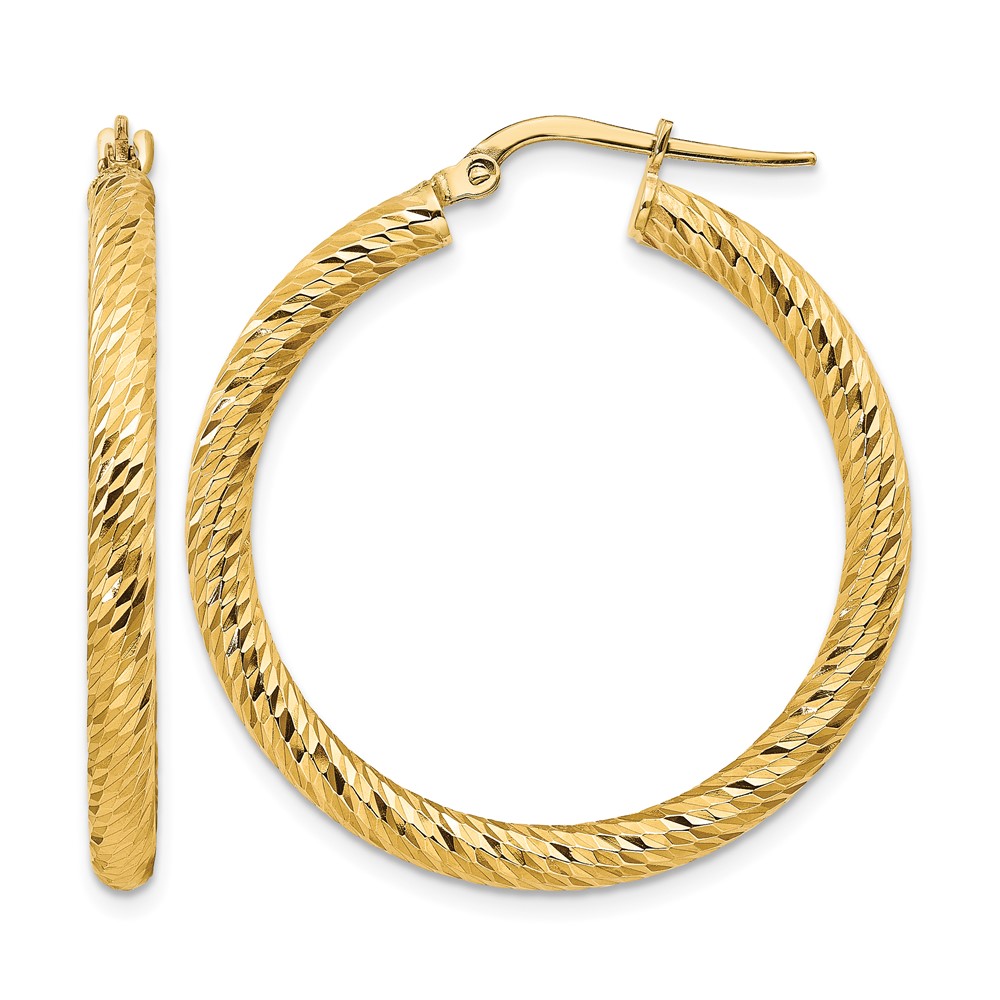 14k 3x25mm Diamond-cut Round Hoop Earrings (TF1342)