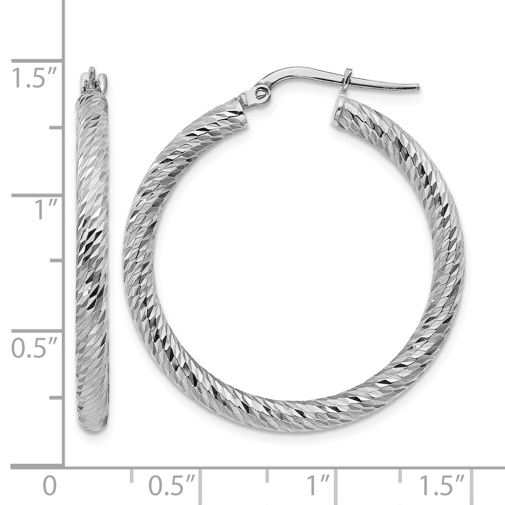 14k 3x25mm White Gold Diamond-cut Round Hoop Earrings (TF1342W)