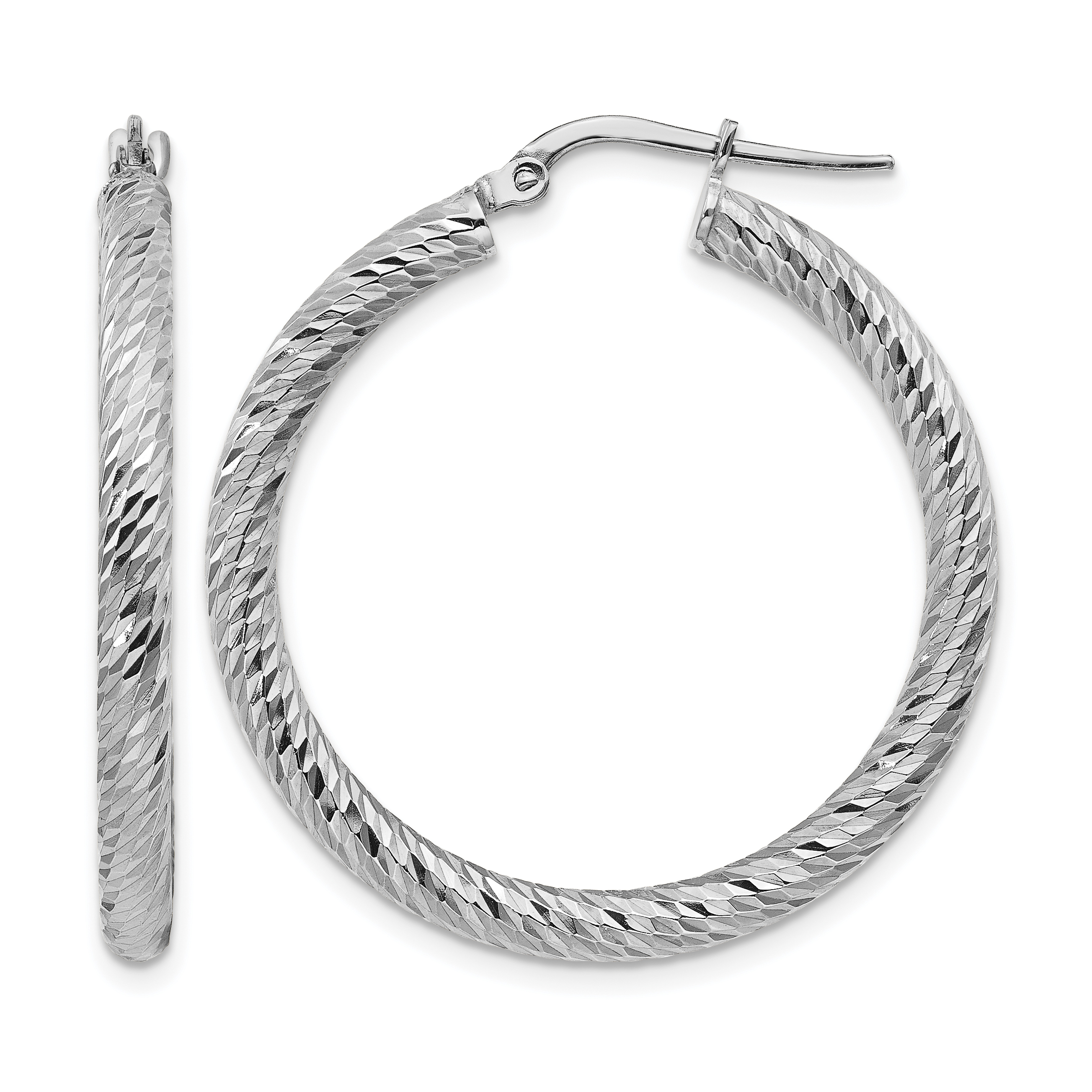 14k 3x25mm White Gold Diamond-cut Round Hoop Earrings (TF1342W)