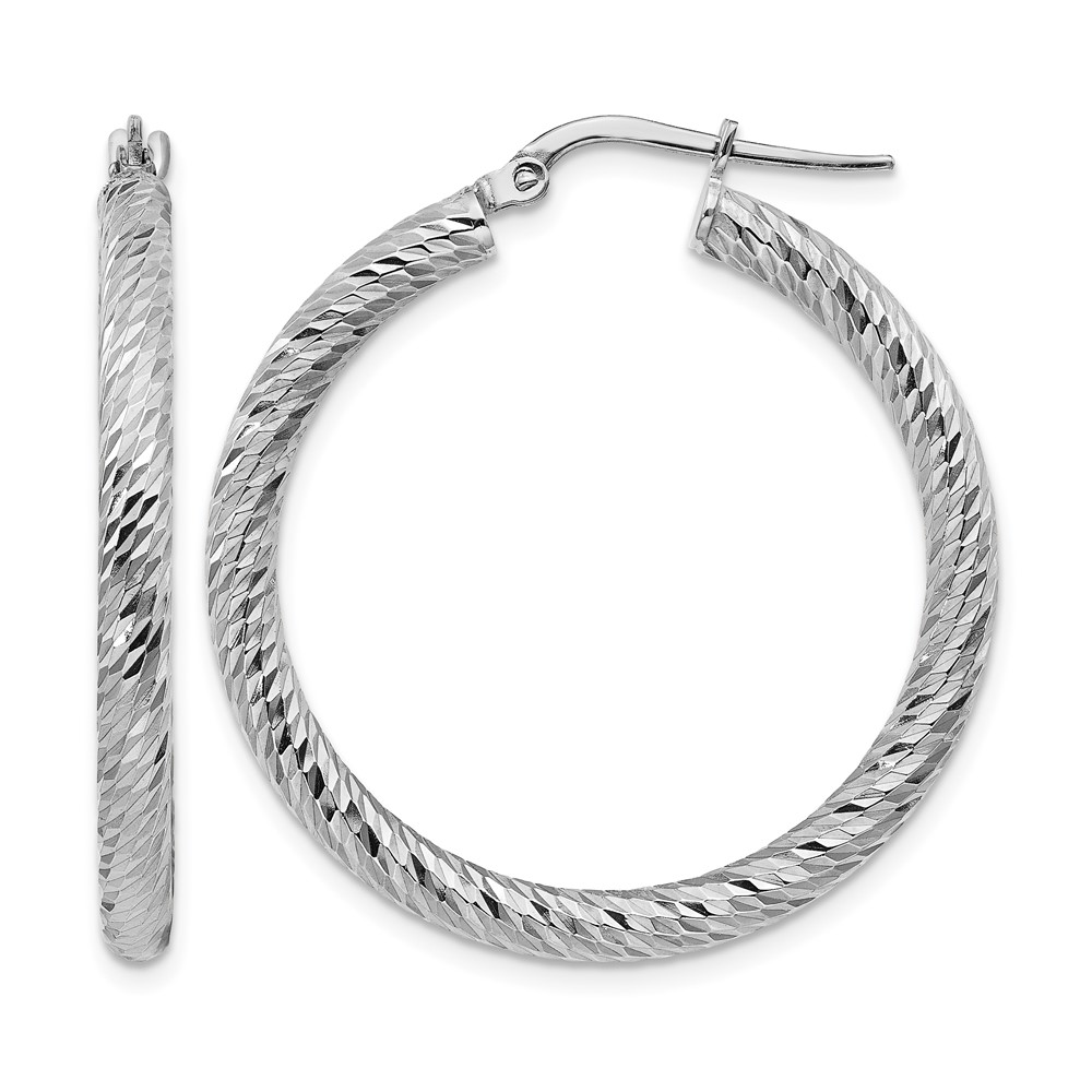 14k 3x25mm White Gold Diamond-cut Round Hoop Earrings (TF1342W)