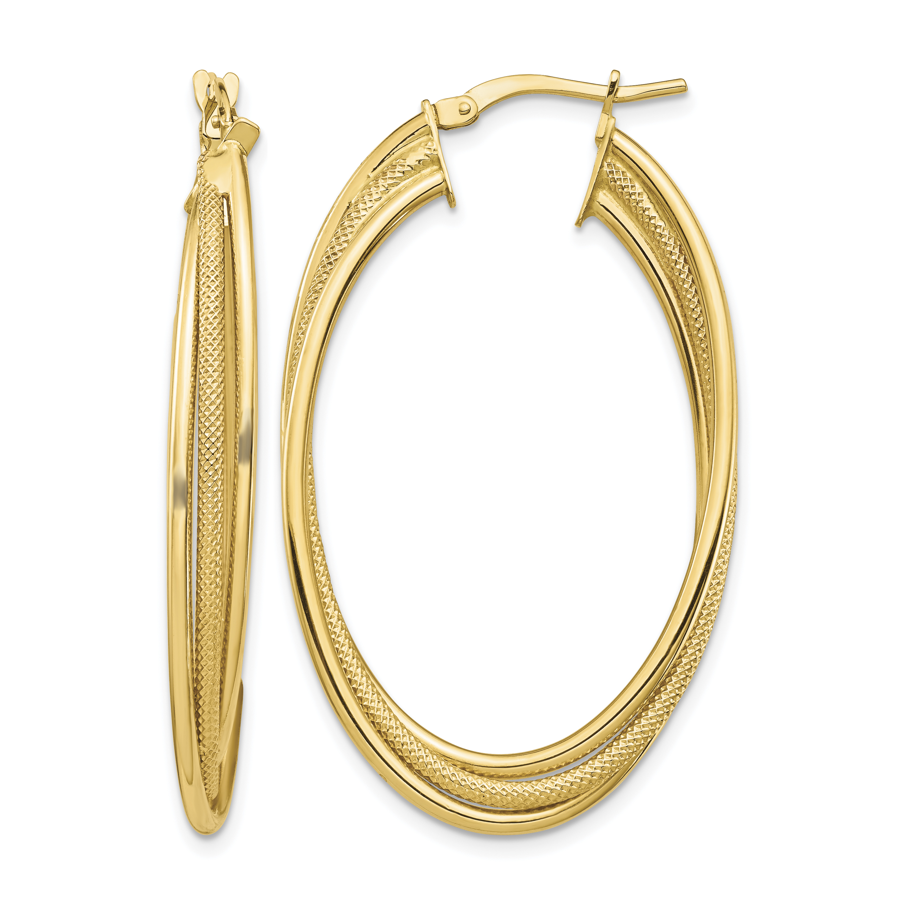 14k Polished and Textured Twisted Fancy Oval Hoop Earrings (TF1351)