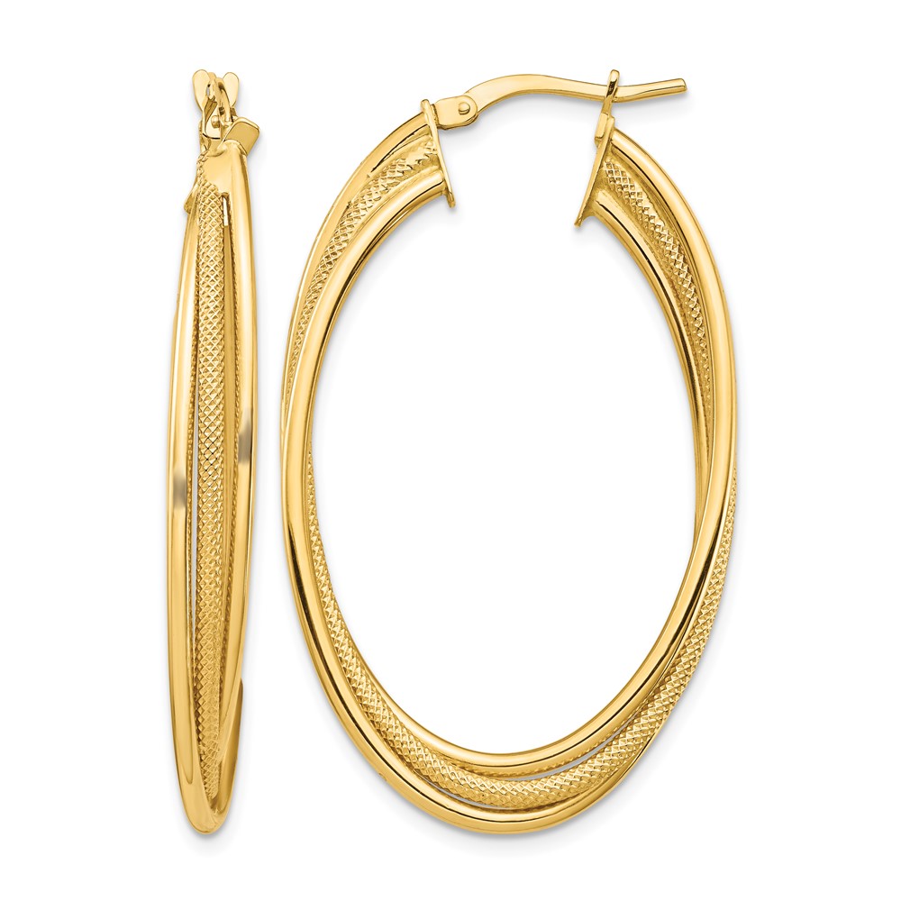 14k Polished and Textured Twisted Fancy Oval Hoop Earrings (TF1351)