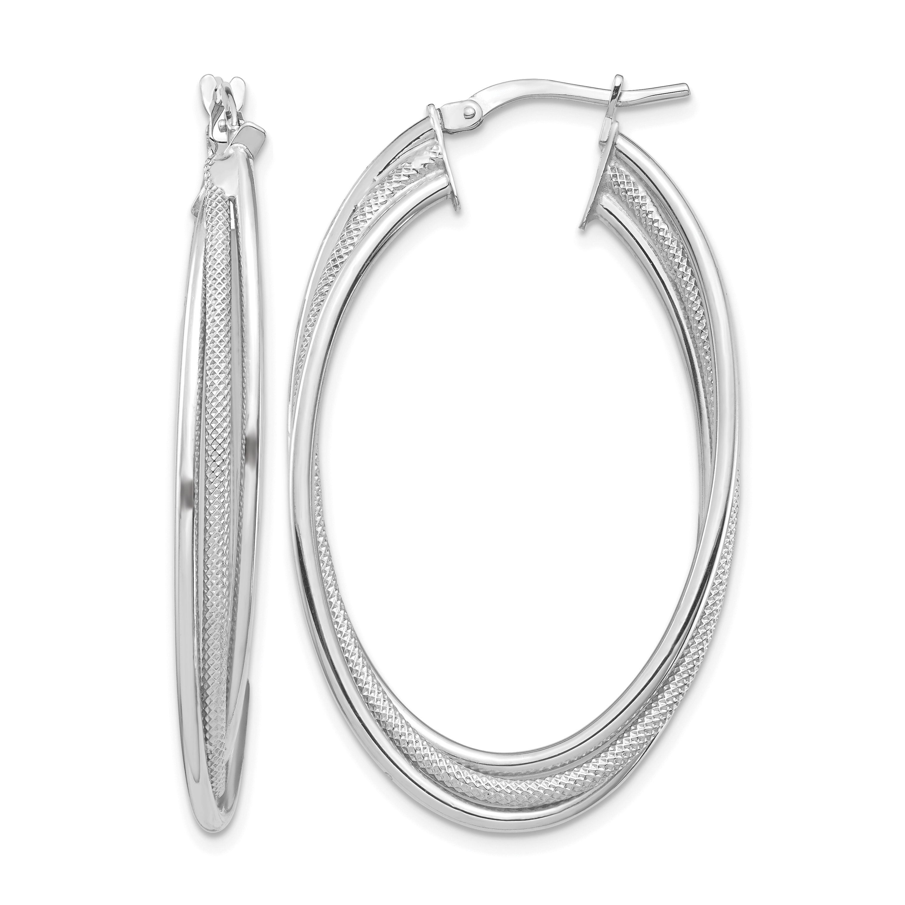 14k White Gold Polished and Textured Twisted Fancy Oval Hoop Earrings (TF1351W)