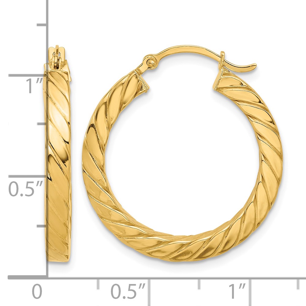 14k Polished & Twisted 3mm Square Tube Hoop Earrings (TF1392)