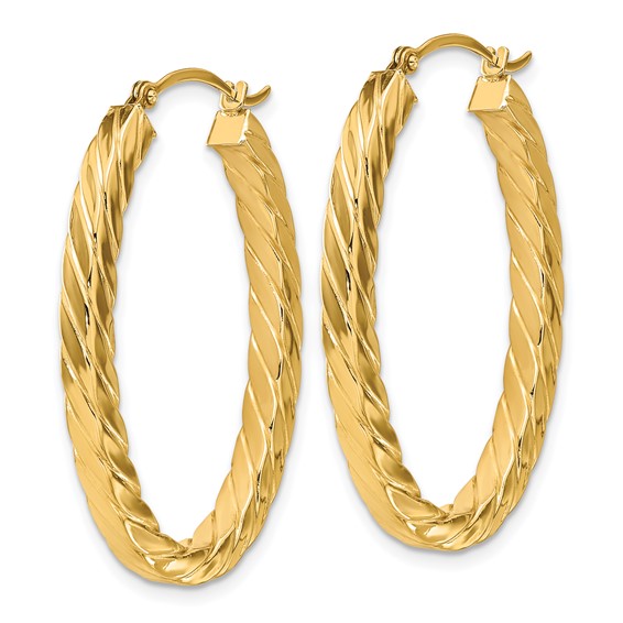 14k Polished & Twisted 3mm Square Tube Oval Hoop Earrings