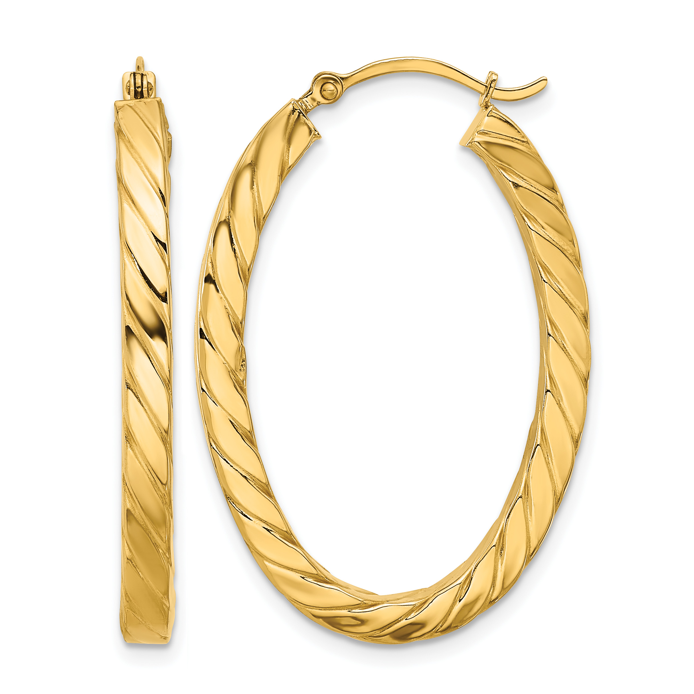 14k Polished & Twisted 3mm Square Tube Oval Hoop Earrings (TF1393)