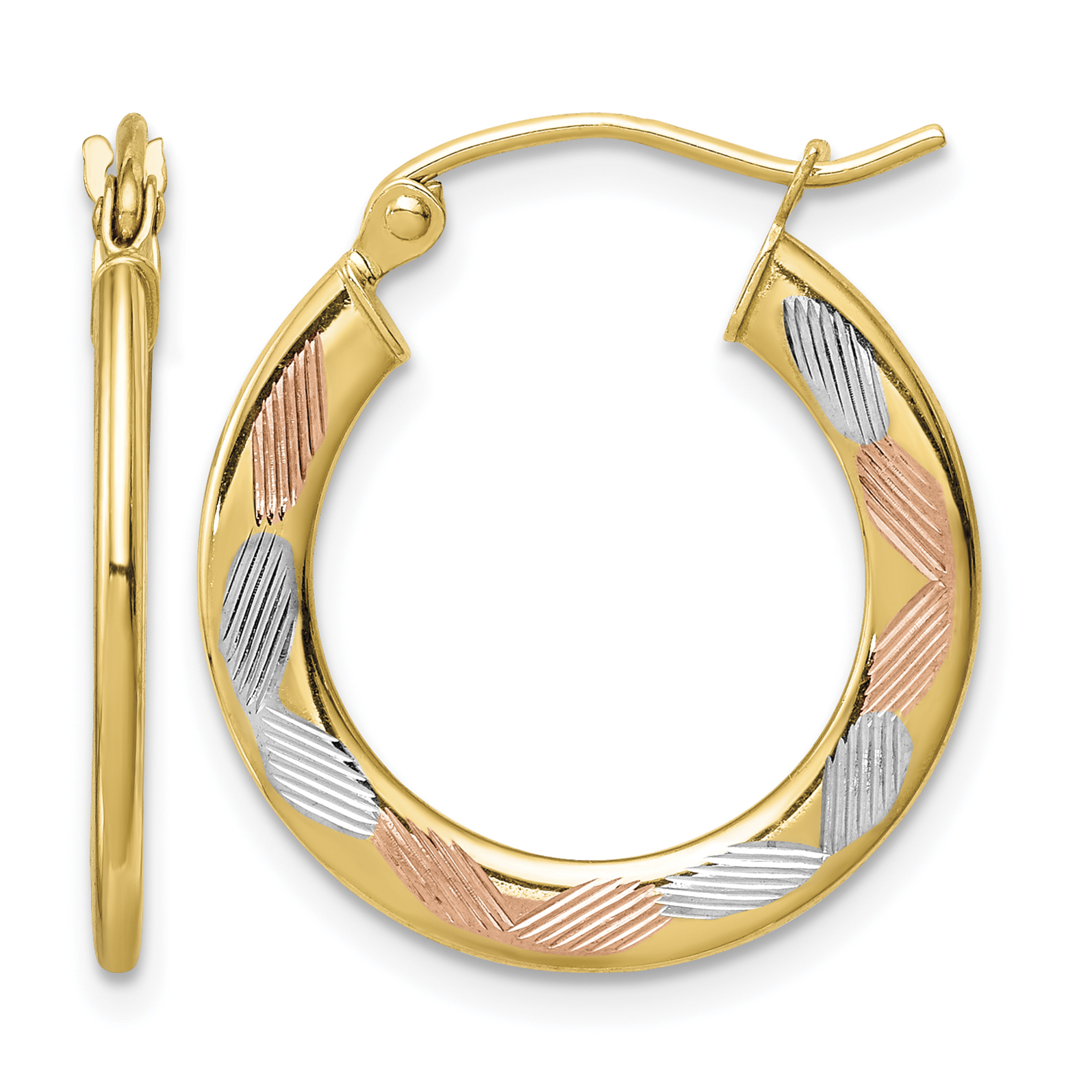 14k w/White and Rose Rhodium Diamond-cut Hoop Earrings (TF1442)