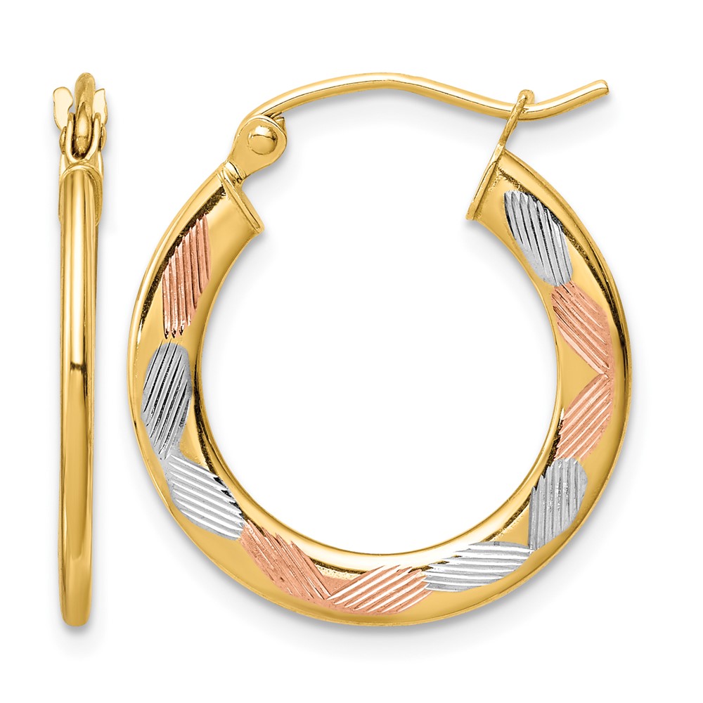 14k w/White and Rose Rhodium Diamond-cut Hoop Earrings (TF1442)