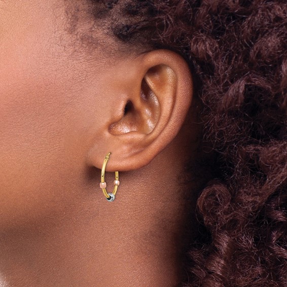 14k Polished with D/C Beads Tri-color Hoop Earrings