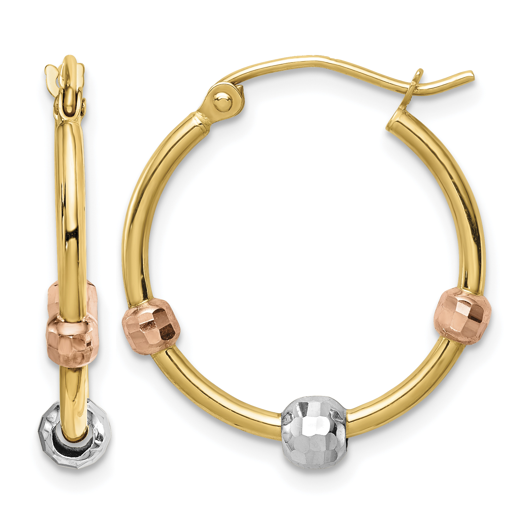14k Polished with D/C Beads Tri-color Hoop Earrings (TF1468)