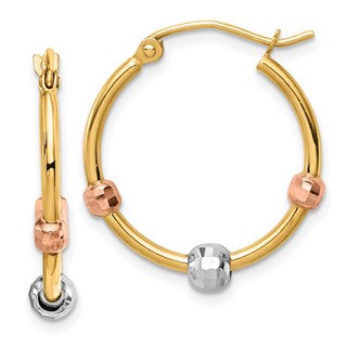 14k Polished with D/C Beads Tri-color Hoop Earrings