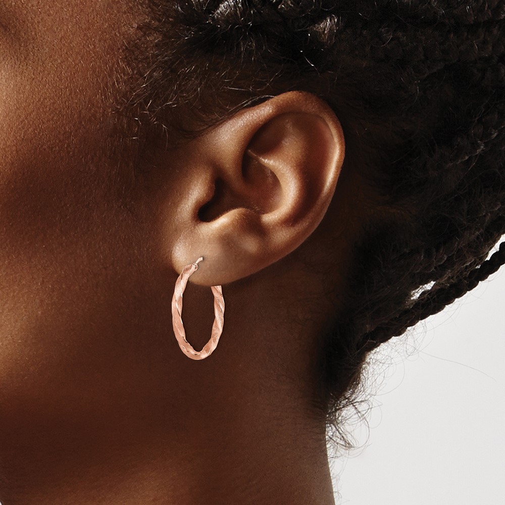 14K Rose Gold Twisted Satin Diamond-Cut Hoop Earrings (TF1471)