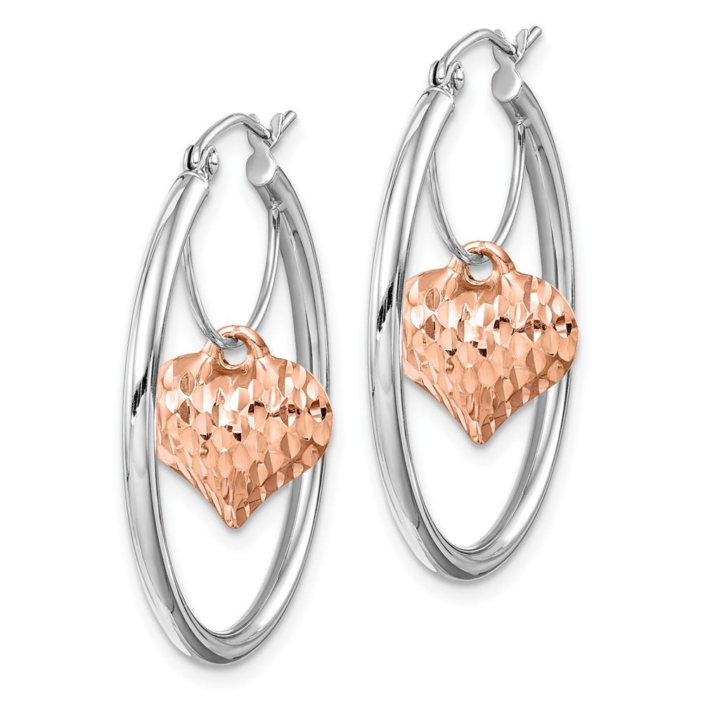 14k Two-tone Rose and White D/C Heart Dangle Hoop Earrings (TF1517)