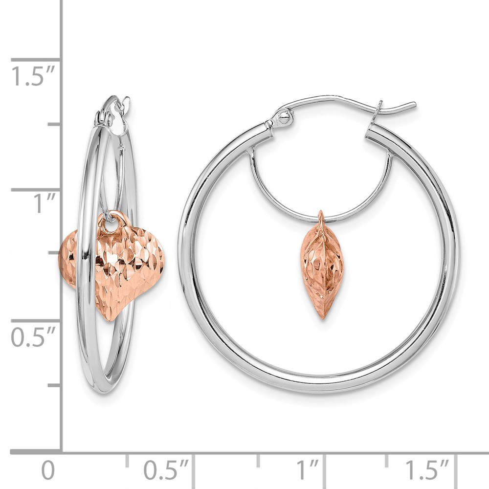 14k Two-tone Rose and White D/C Heart Dangle Hoop Earrings (TF1517)