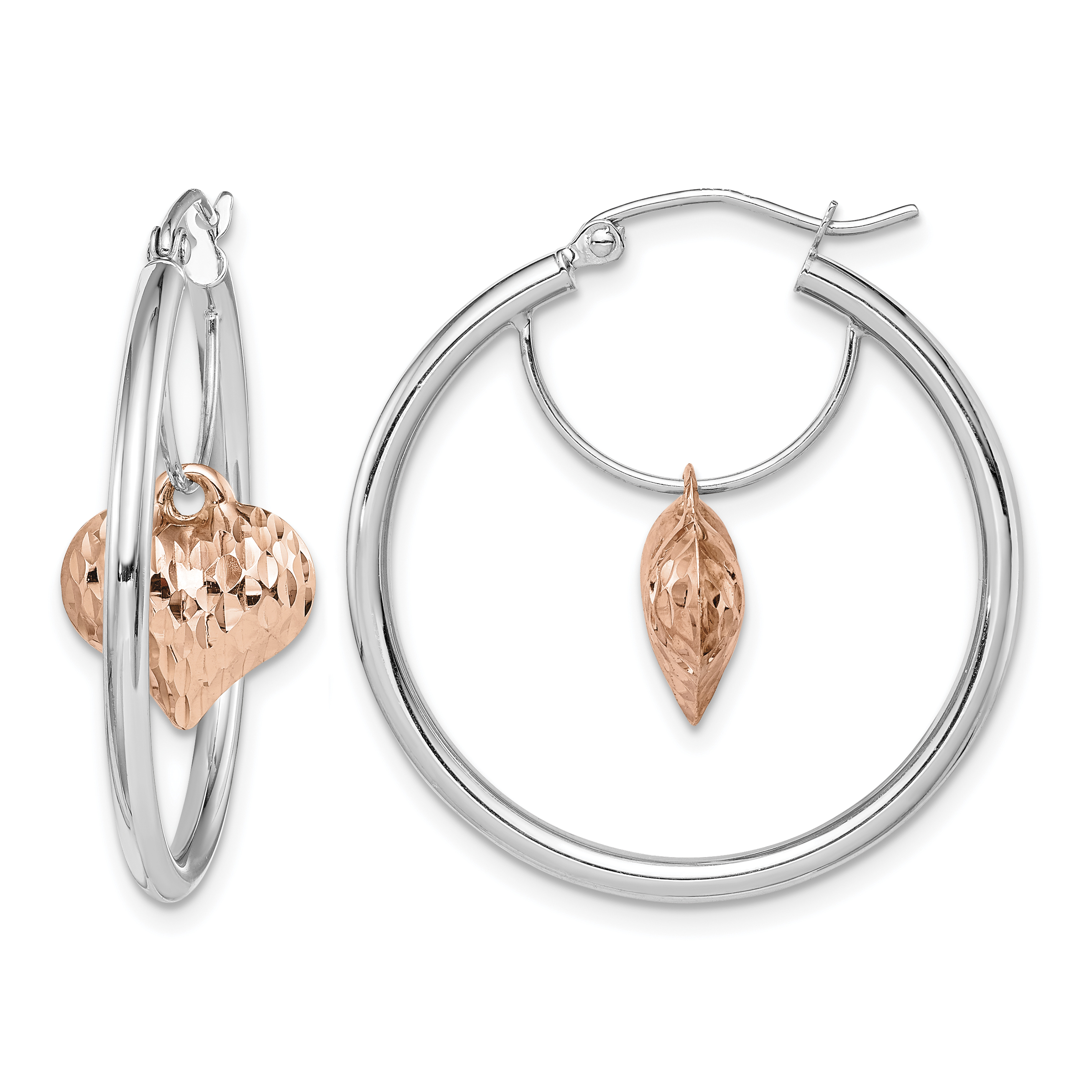 14k Two-tone Rose and White D/C Heart Dangle Hoop Earrings (TF1517)