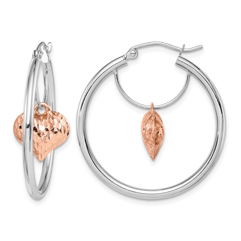 14k Two-tone Rose and White D/C Heart Dangle Hoop Earrings (TF1517)