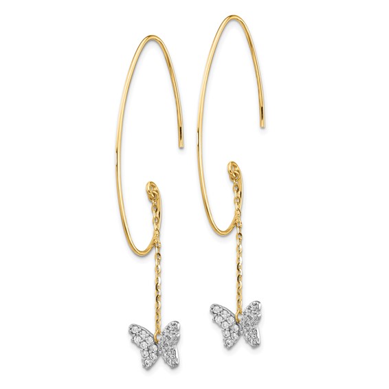 14K Two-tone CZ Butterfly Dangle Earrings