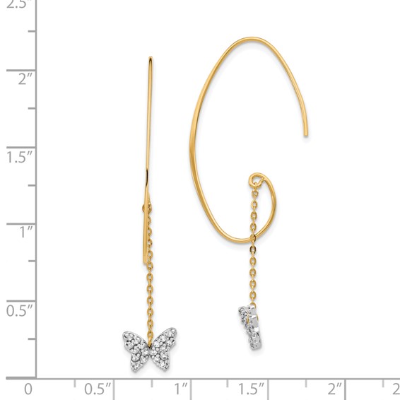 14K Two-tone CZ Butterfly Dangle Earrings