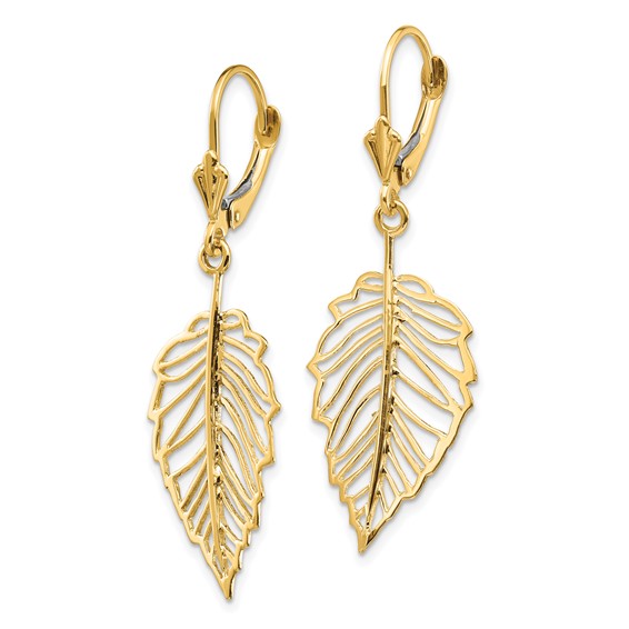 14K Polished Cut-out Leaf Dangle Leverback Earrings