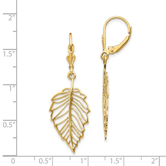 14K Polished Cut-out Leaf Dangle Leverback Earrings