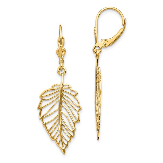 14K Polished Cut-out Leaf Dangle Leverback Earrings