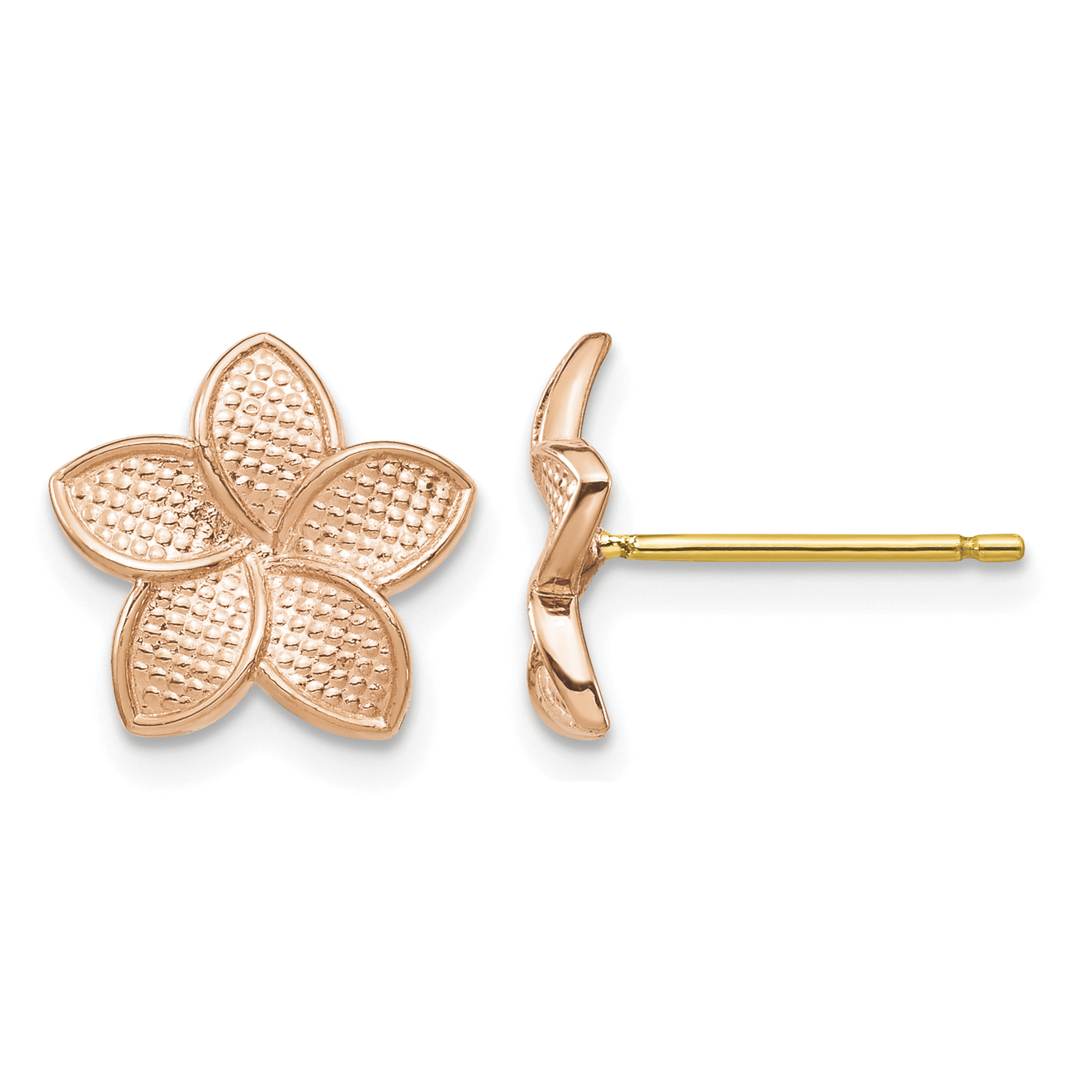 14K Rose Gold Polished & Textured Plumeria & Yellow Post & Earring Backs (TF1561)