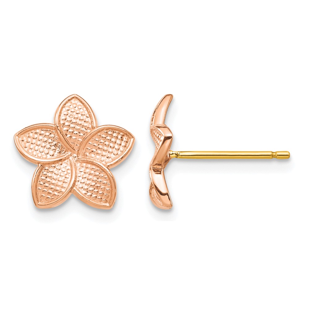 14K Rose Gold Polished & Textured Plumeria & Yellow Post & Earring Backs (TF1561)