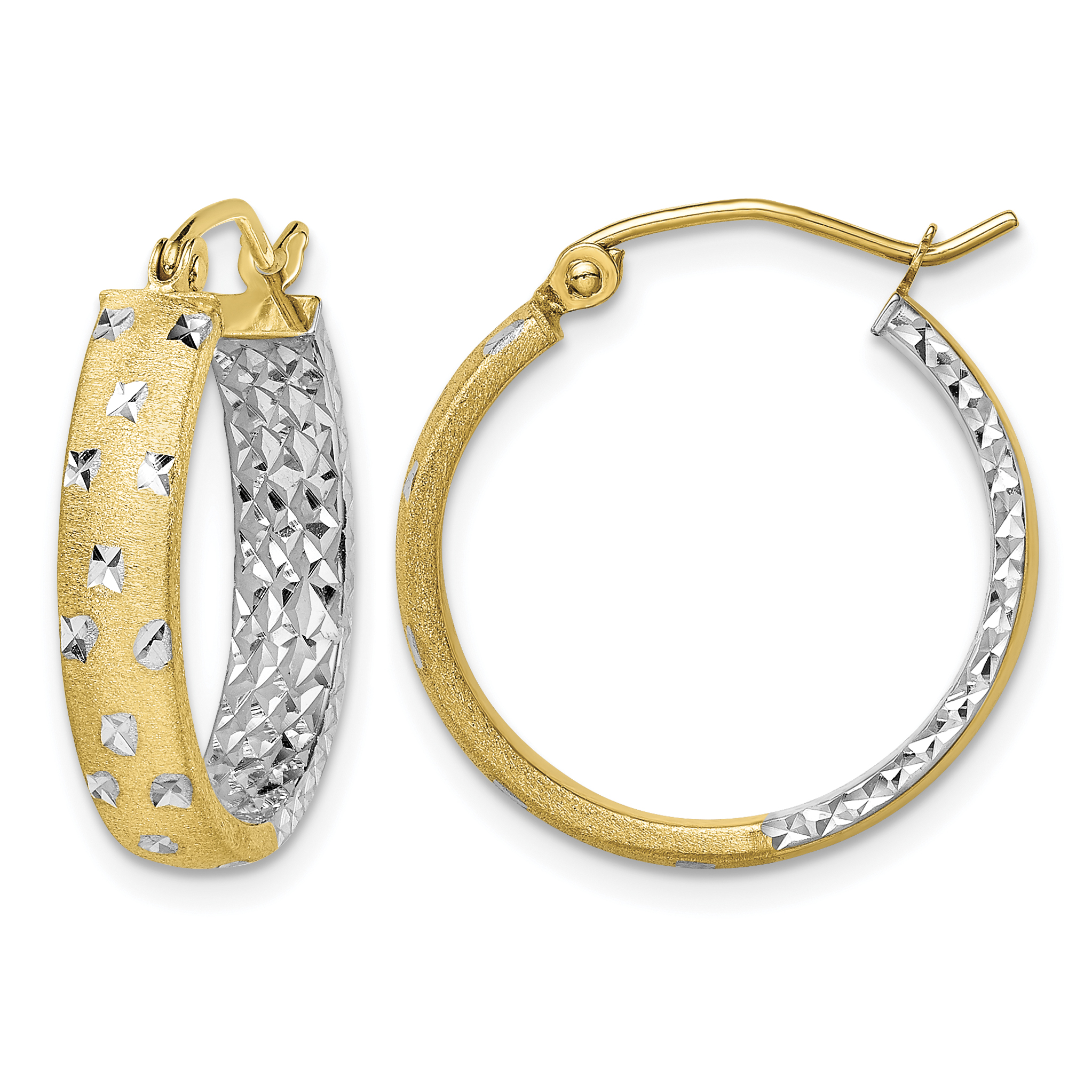 14k w/White Rhodium Satin Polished Diamond-cut In/Out Hoop Earrings (TF1575)