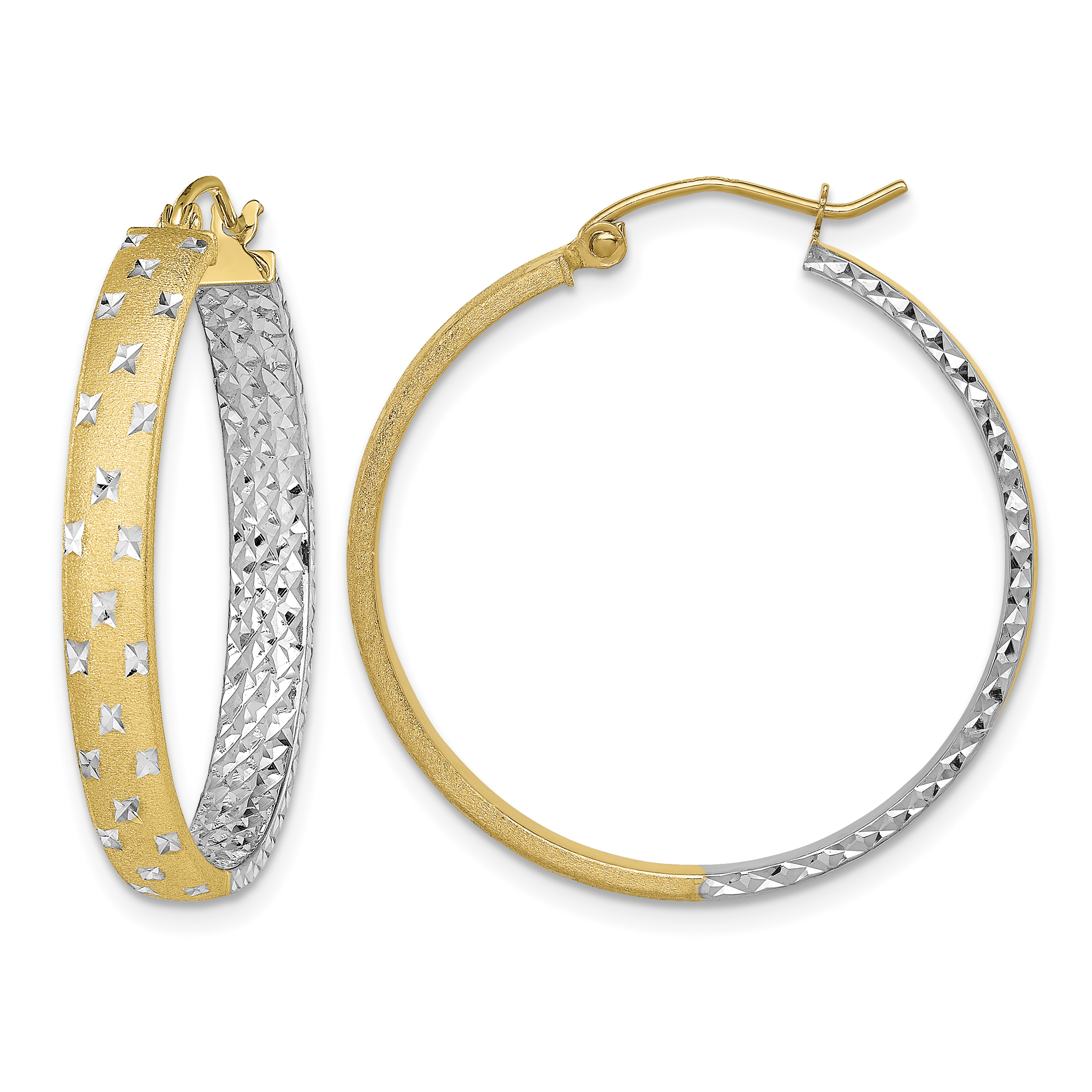 14k w/White Rhodium Polished Satin Diamond-cut In/Out Hoop Earrings (TF1577)
