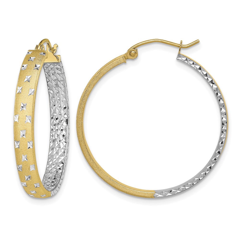14k w/White Rhodium Polished Satin Diamond-cut In/Out Hoop Earrings (TF1577)