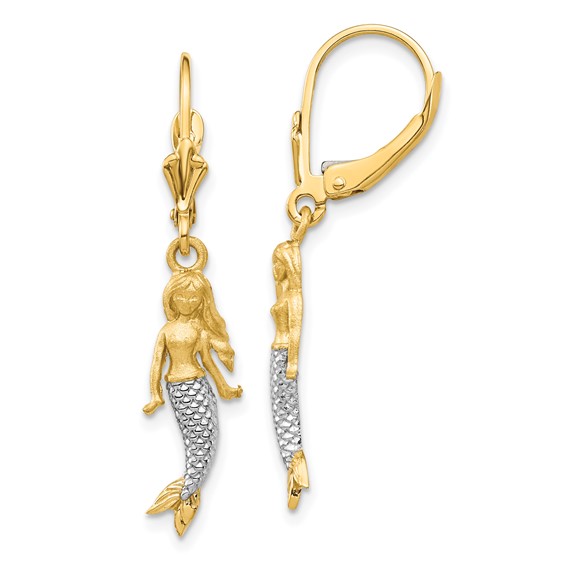 14K and White Rhodium Brushed and Polished Mermaid Dangle Leverback Earrings